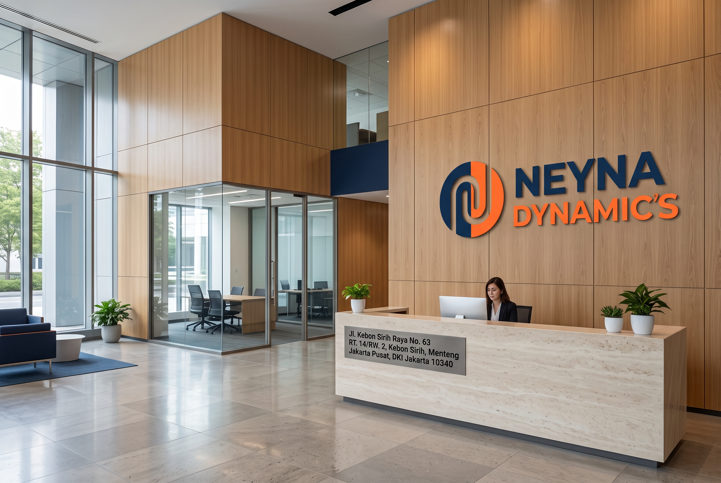 Visualisasi fotorealistis lobi NEYNA DYNAMIC’S dengan logo perusahaan dan alamat Kebon Sirih